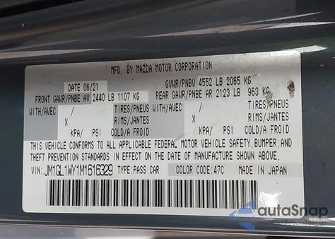 2021 Mazda Mazda6 Carbon Edition from USA, damaged, VIN JM1GL1WY1M1616329